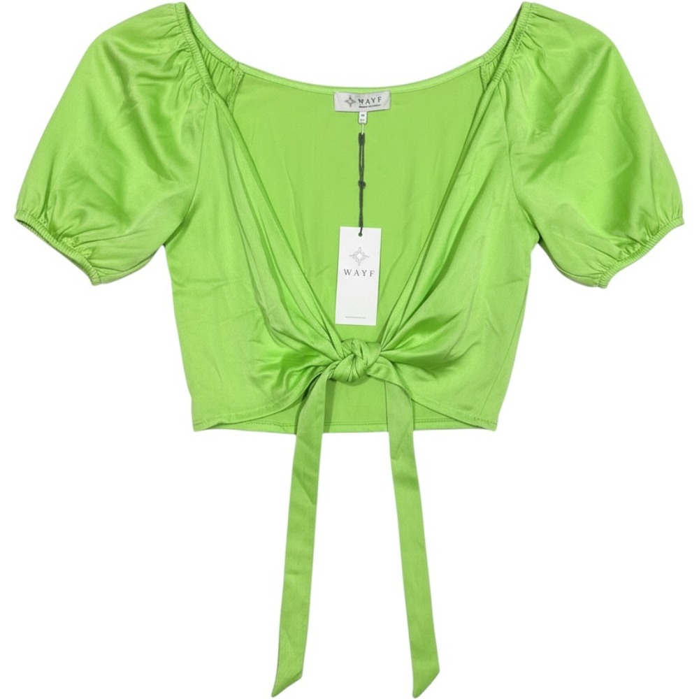 WAYF Women Lime Green Tie Front Puff Sleeve Crop Top Size Medium NEW